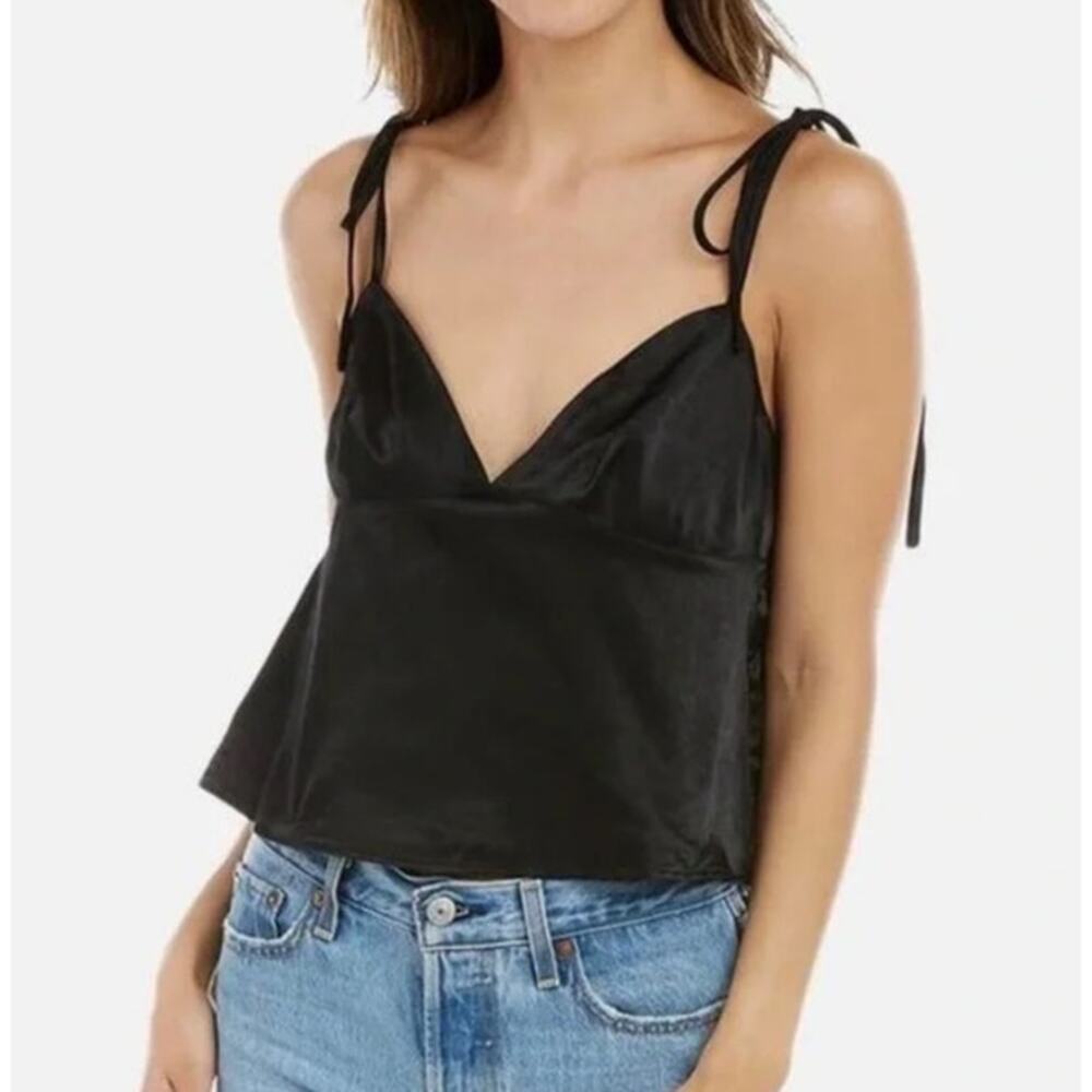 NWOT WeWoreWhat Black Sateen Tie Shoulder Cami Blouse Women's Large